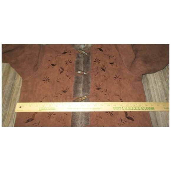 Relativity Small Brown Embroidered Sherpa Lined Faux Suede Coat Toggle Boho Y2K - Picture 8 of 15